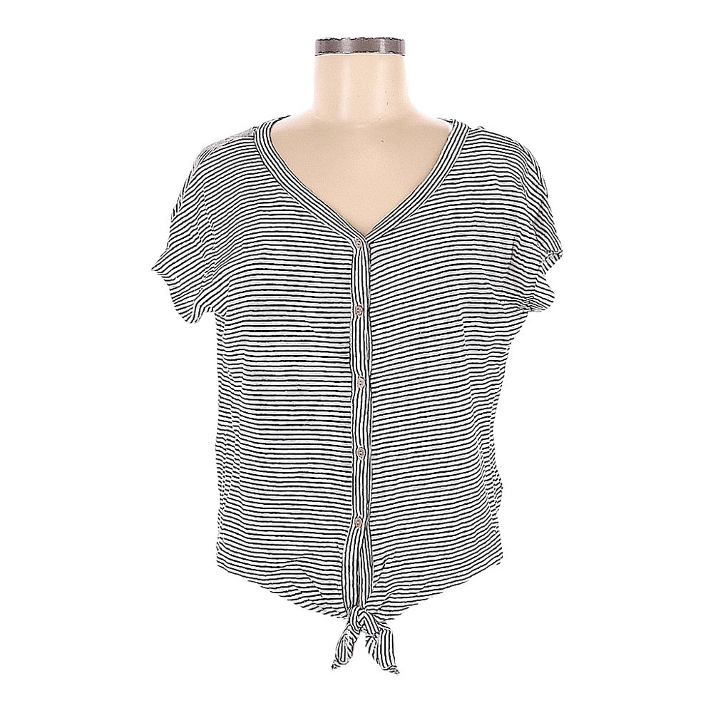 Rachel Zoe Linen Striped Tie Front Crop Top L Button Front Short Sleeve